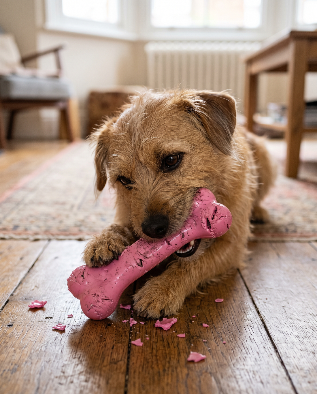 Hund der tygger på legetøj